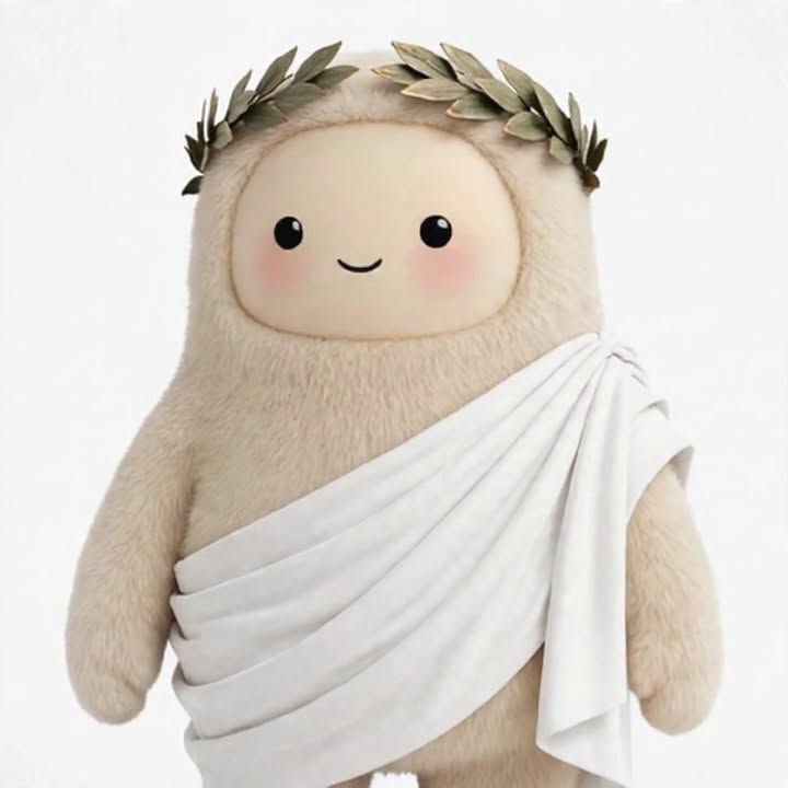 Agrippa, a smiling plush Roman muse wearing a laurel crown and white toga